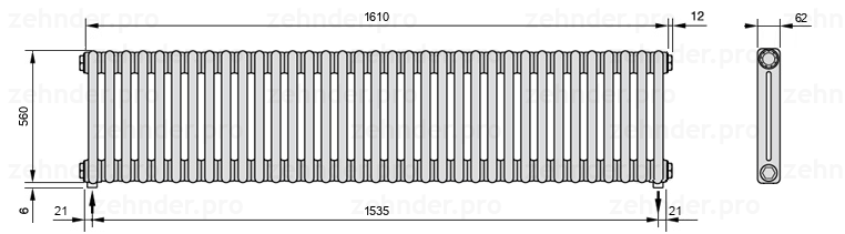 Схема (чертеж) Радиатор Zehnder Charleston 2056/35 №5310 Белый глянцевый RAL 9016